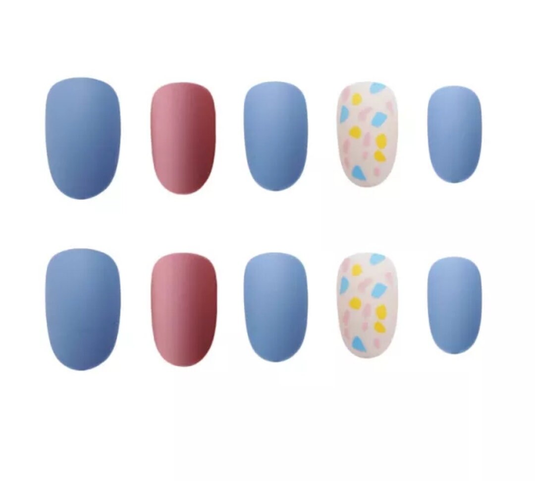 24 Matte multi color Short Press On Nails Glue on blue mauve nude muted kawaii cute
