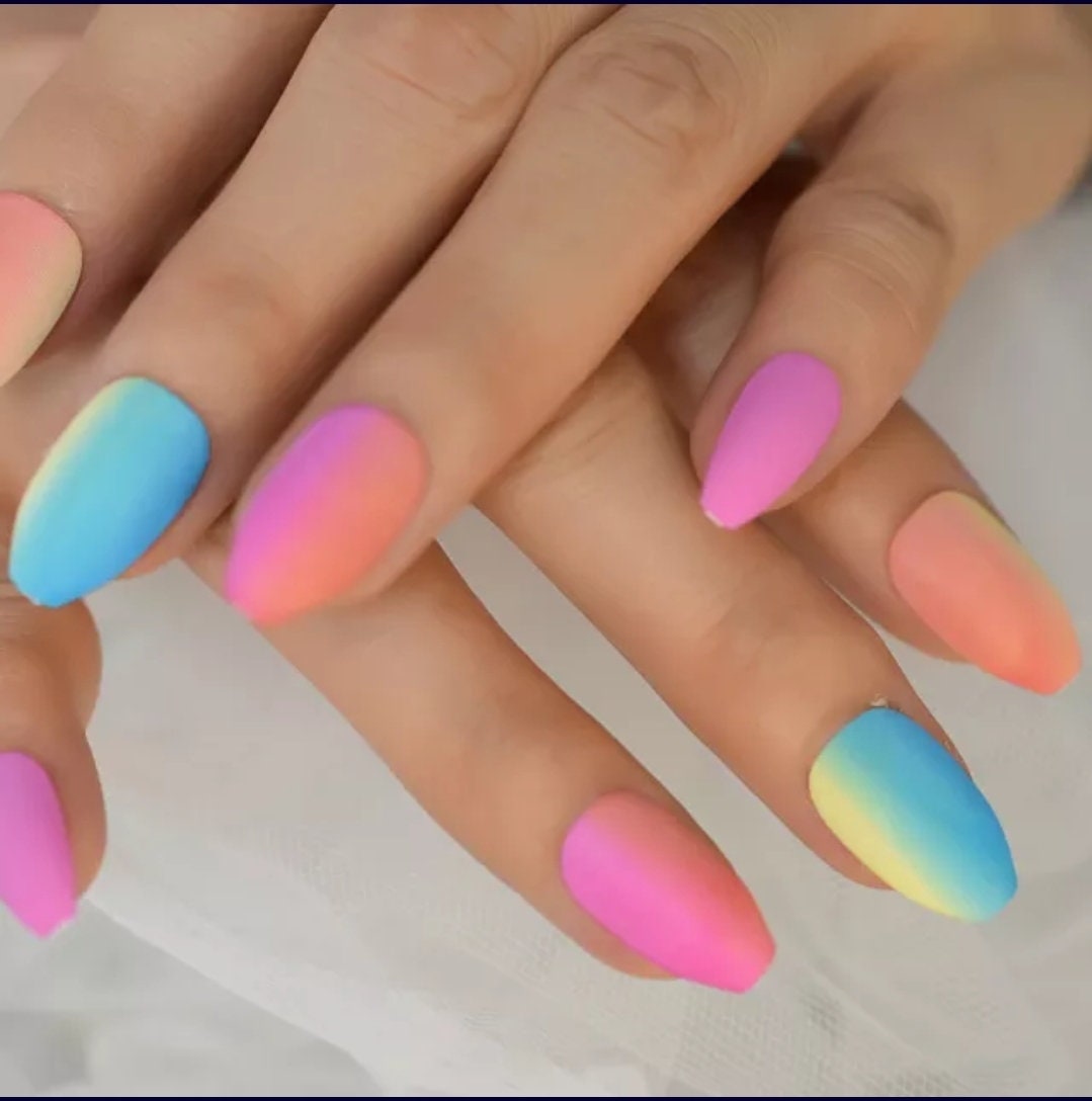 24 pcs Candy Rainbow Matte Ombre Long Press on nails glue on kit kawaii cute Multicolor medium coffin bright neon
