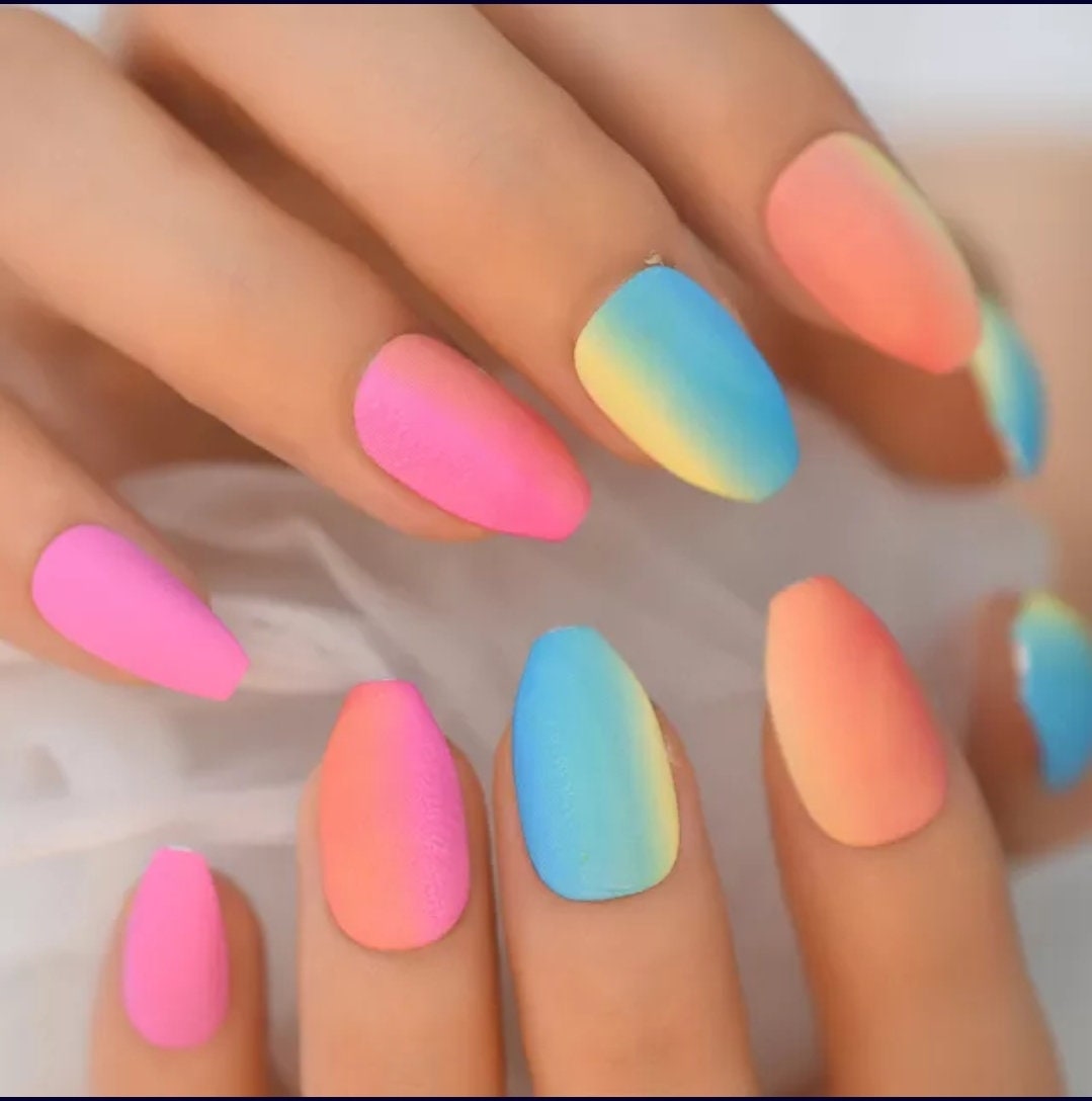 24 pcs Candy Rainbow Matte Ombre Long Press on nails glue on kit kawaii cute Multicolor medium coffin bright neon