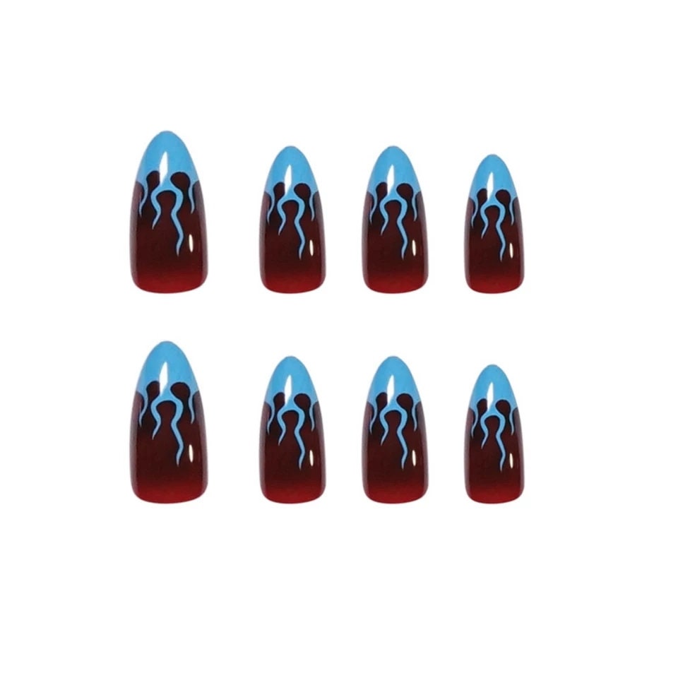 24 pcs Blue Flame Maroon Long Press on nails glue on pointed stiletto ombre trendy