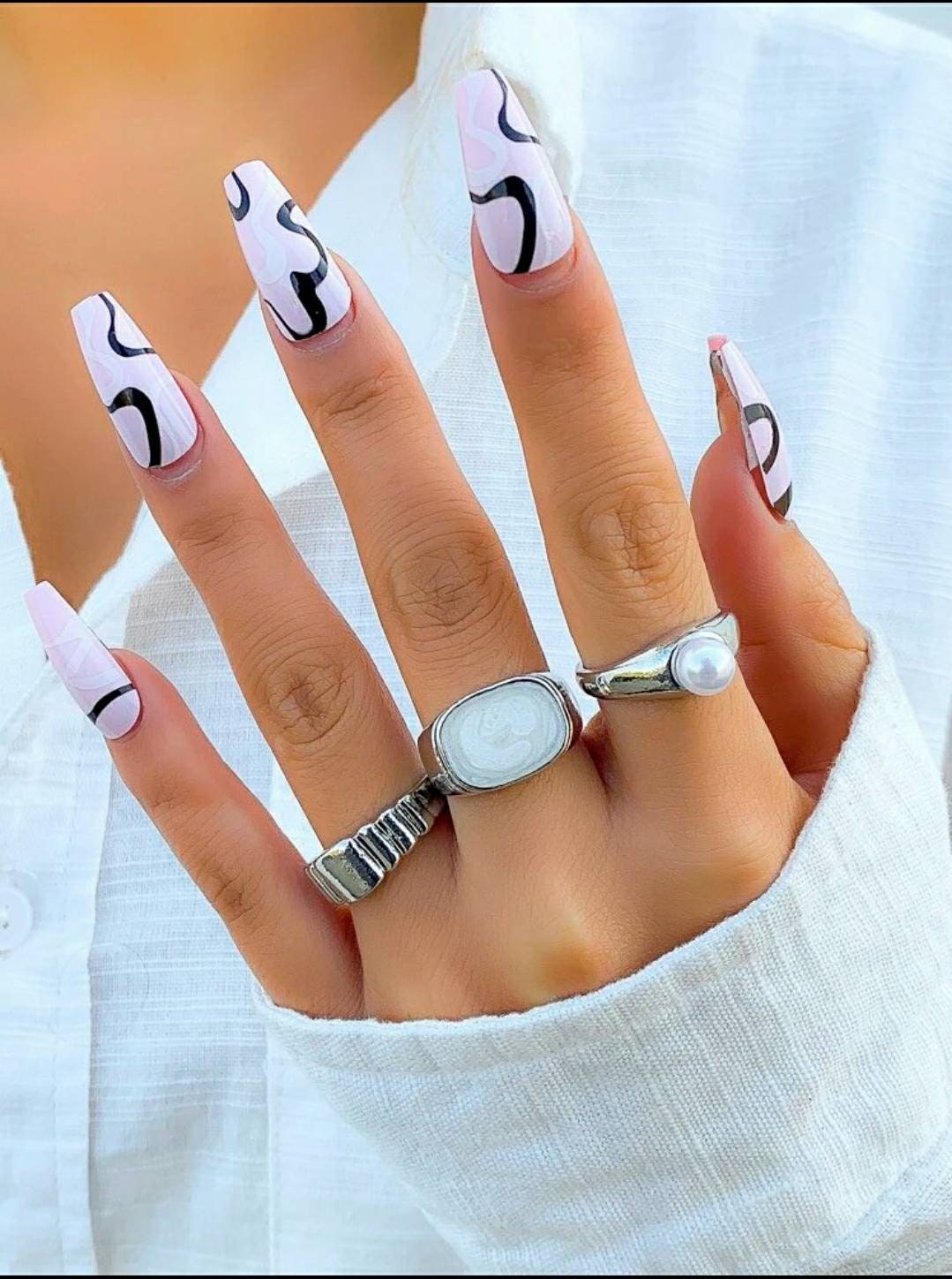 24 Nude Blue Swirl design Long Press on nails glue on Coffin manicure