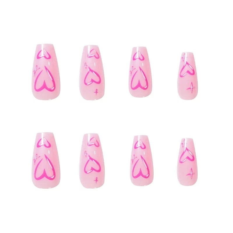 24 pink long press-on nails in coffin shape with cute Valentine heart design, bright kawaii romantic glue-on nail set surethings