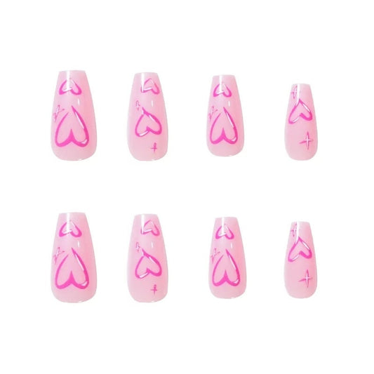 24 pink long press-on nails in coffin shape with cute Valentine heart design, bright kawaii romantic glue-on nail set surethings