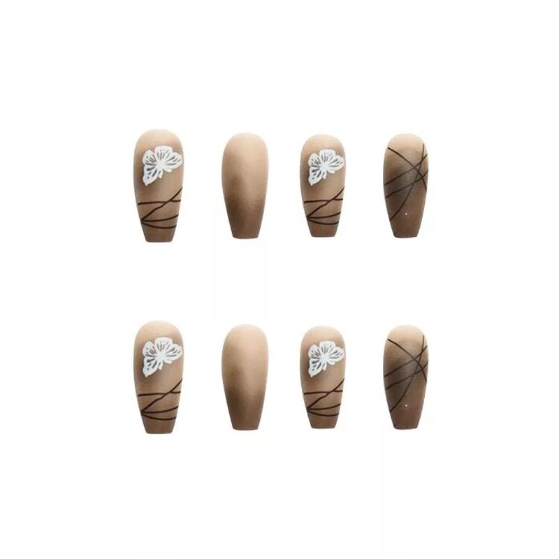 24 frosted Clear Matte Brown Long Press on nails kit glue on