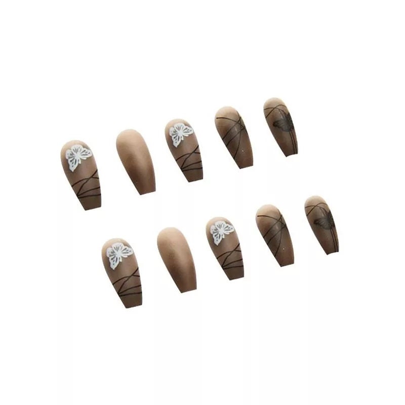 24 frosted Clear Matte Brown Long Press on nails kit glue on