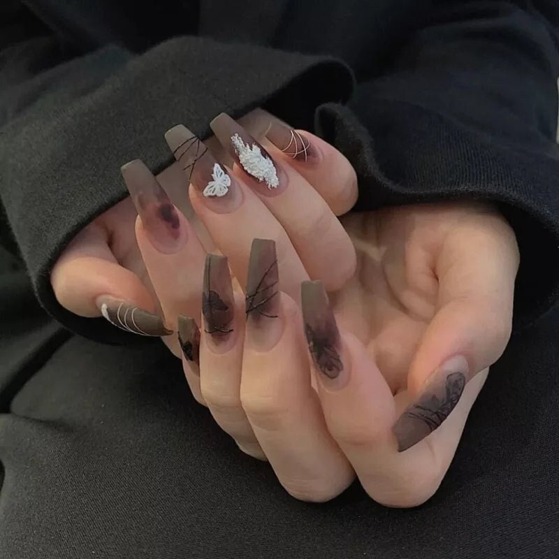 24 frosted Clear Matte Brown Long Press on nails kit glue on