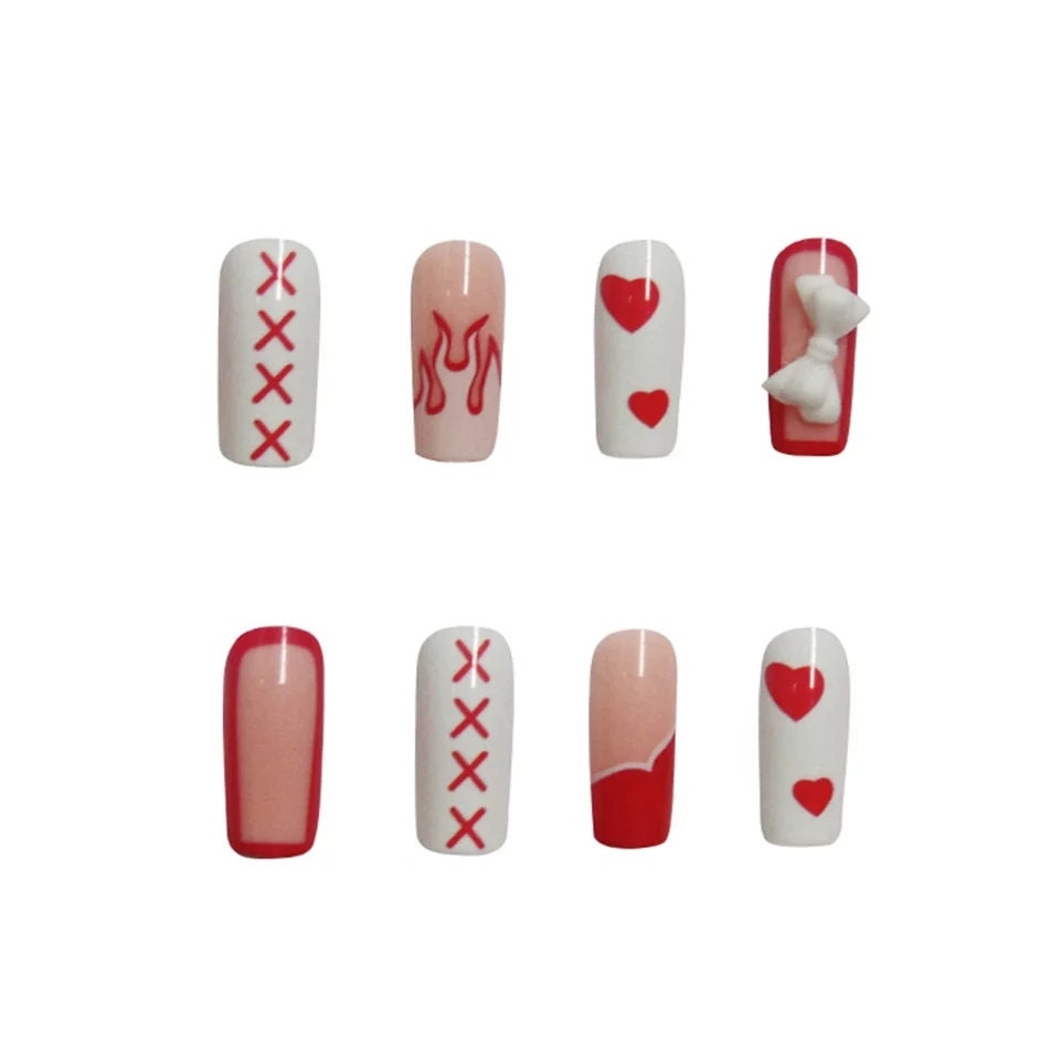 24 PCS Valentine’s Coffin Long Press On Nails – Pink Heart, Bow, Red Rim, White Flame Cute Kawaii Design surethings