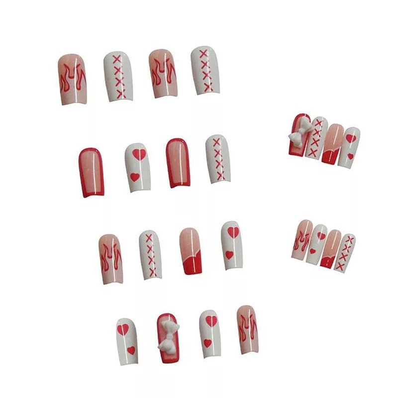 24 PCS Valentine’s Coffin Long Press On Nails – Pink Heart, Bow, Red Rim, White Flame Cute Kawaii Design surethings
