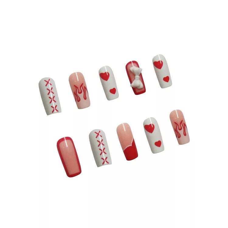 24 PCS Valentine’s Coffin Long Press On Nails – Pink Heart, Bow, Red Rim, White Flame Cute Kawaii Design surethings