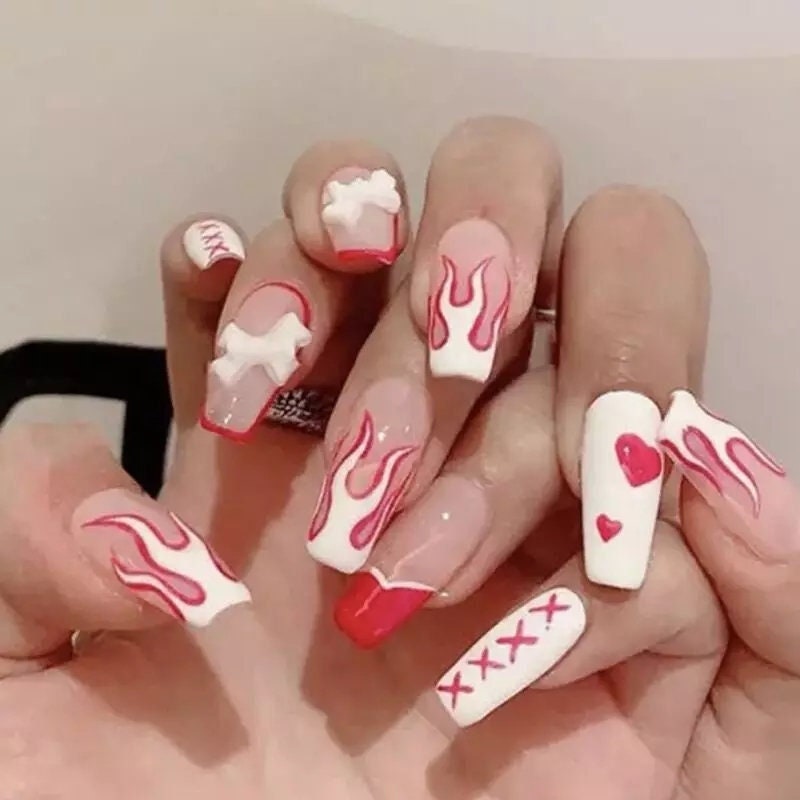 24 PCS Valentine’s Coffin Long Press On Nails – Pink Heart, Bow, Red Rim, White Flame Cute Kawaii Design surethings