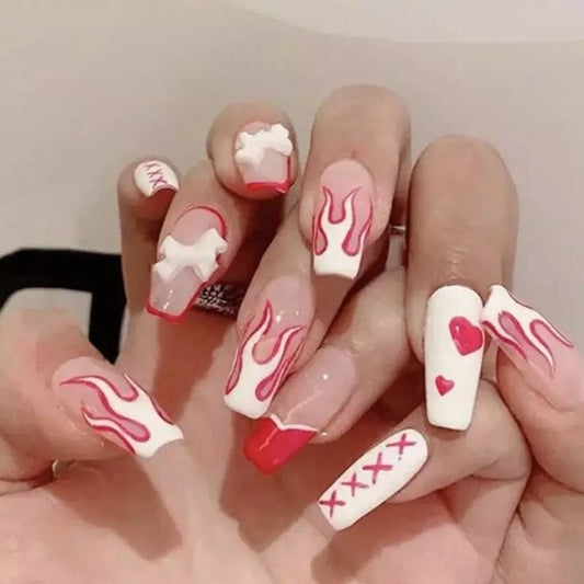 24 PCS Valentine’s Coffin Long Press On Nails – Pink Heart, Bow, Red Rim, White Flame Cute Kawaii Design surethings