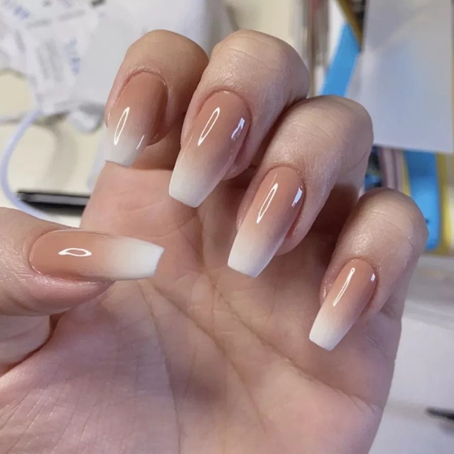 White Ombre Gray Coffin Long Press On Nails – Medium Length Edgy Goth Nails surethings