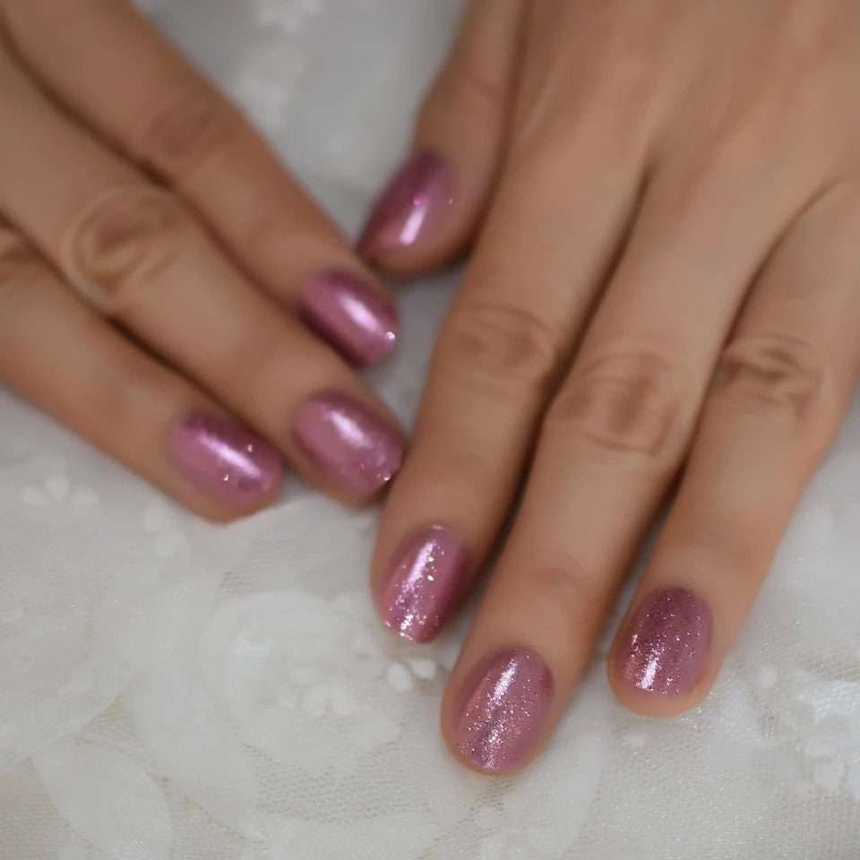 24 Pink Glitter Short press on nails kit with glue manicure rose gold square squoval