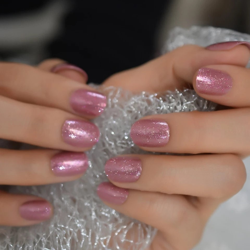 24 Pink Glitter Short press on nails kit with glue manicure rose gold square squoval