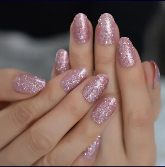 24 Pink Glitter short  press on nails oval almond kit with glue manicure rose gold