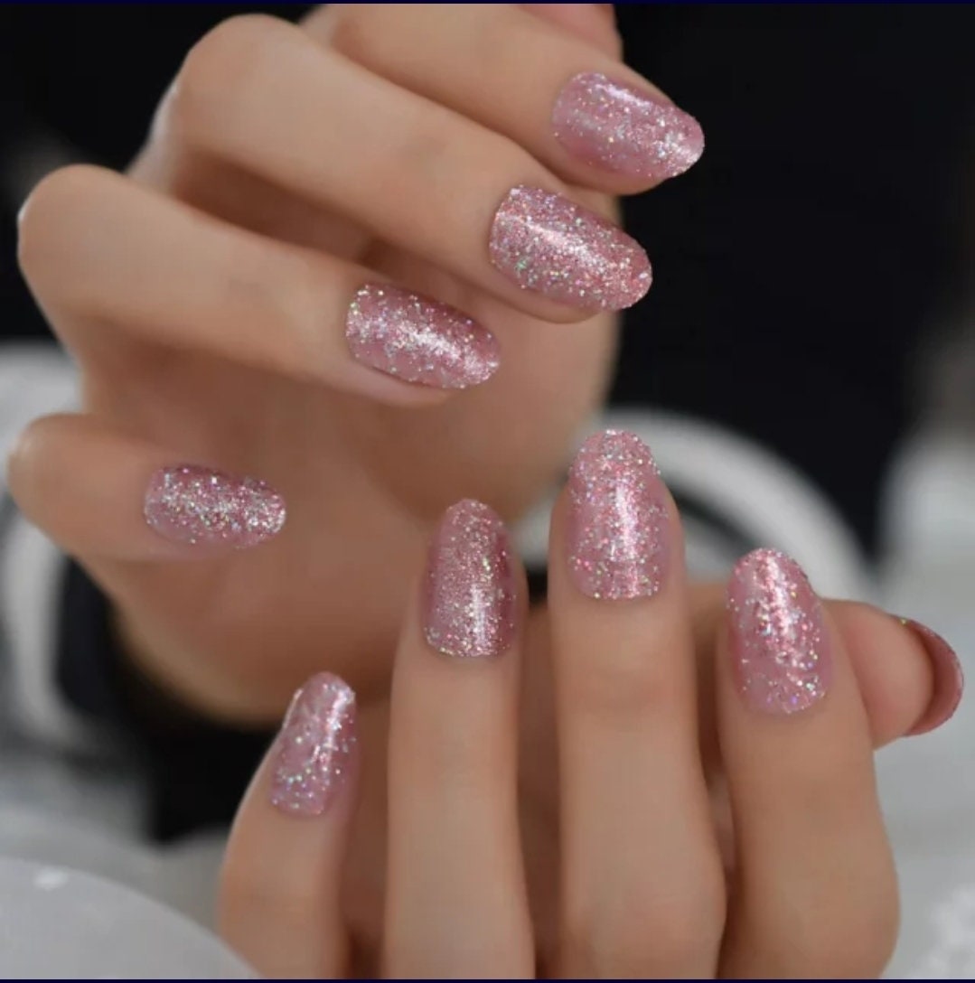 24 Pink Glitter short press on nails oval almond kit with glue manicure rose gold