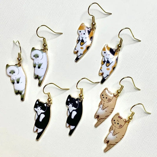 Cat Earrings Dangle hook tan black white orange kitty tabby calico tan brown cartoon hanging siamese Jewelry
