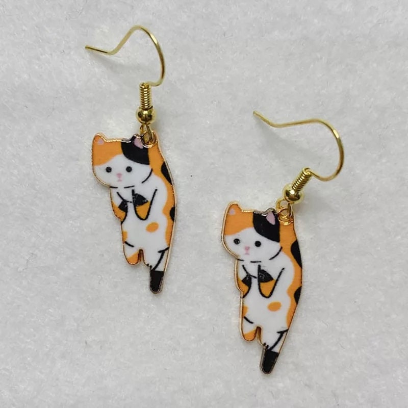 Cat Earrings Dangle hook tan black white orange kitty tabby calico tan brown cartoon hanging siamese Jewelry