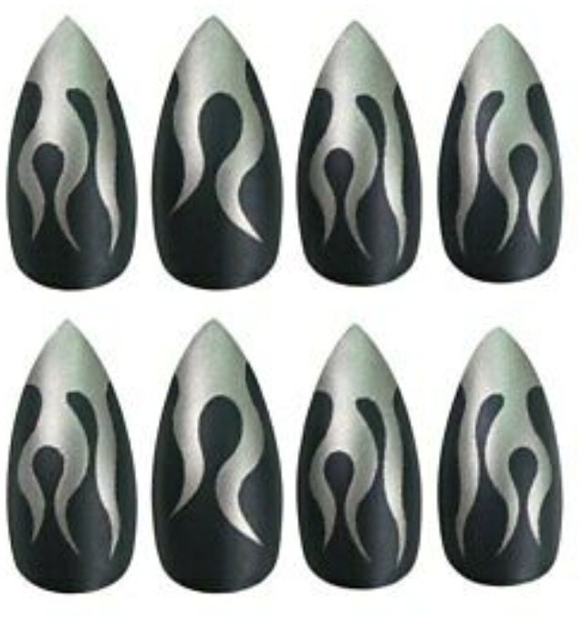 Black and silver flame long press-on nails with metallic finish – 24Pcs medium stiletto almond kit surethings