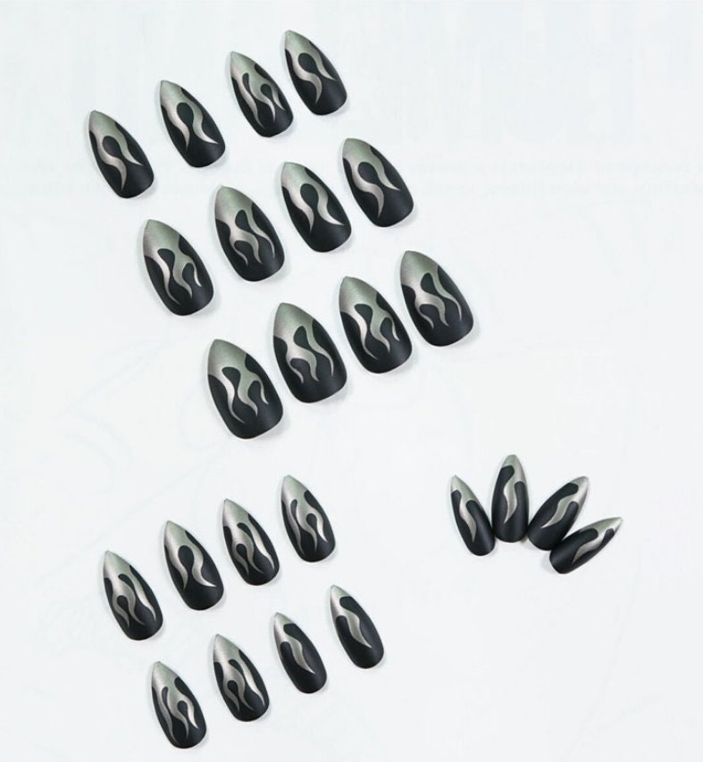 Black and silver flame long press-on nails with metallic finish – 24Pcs medium stiletto almond kit surethings