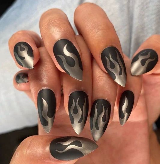 Black and silver flame long press-on nails with metallic finish – 24Pcs medium stiletto almond kit surethings