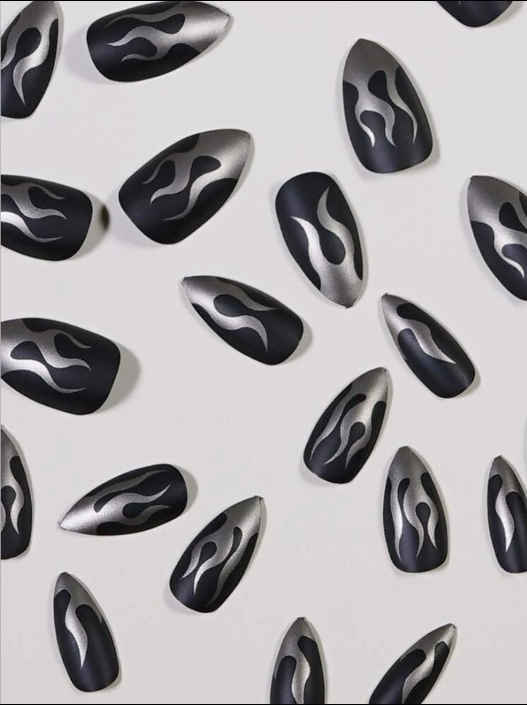 Black and silver flame long press-on nails with metallic finish – 24Pcs medium stiletto almond kit surethings
