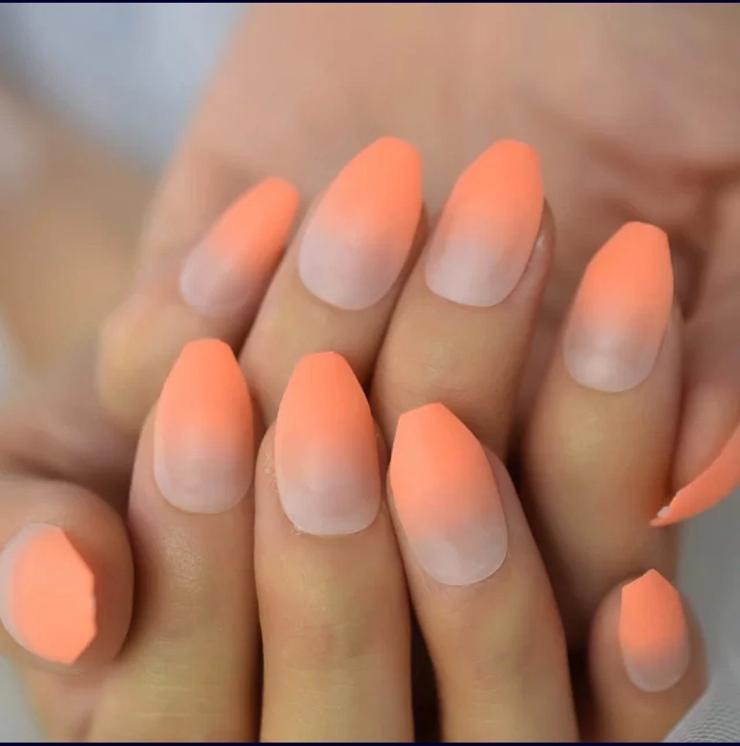 24PCS Ombre Matte Neon Peach Long Press On Nails – Medium Coffin Shape, Bright Nude 80s Rave Style surethings
