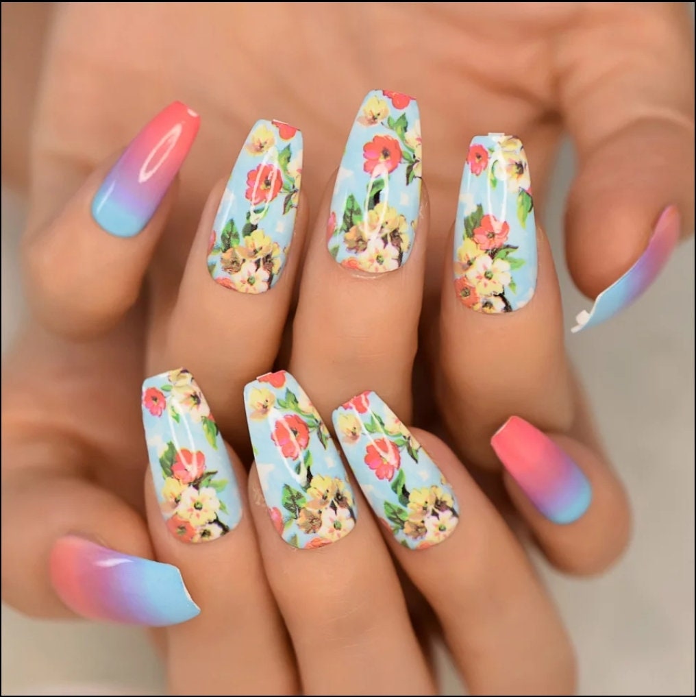 24 Tea Party Floral Long Press On Nails Coffin glue on cute kawaii flowers bright blue tea party purple pink