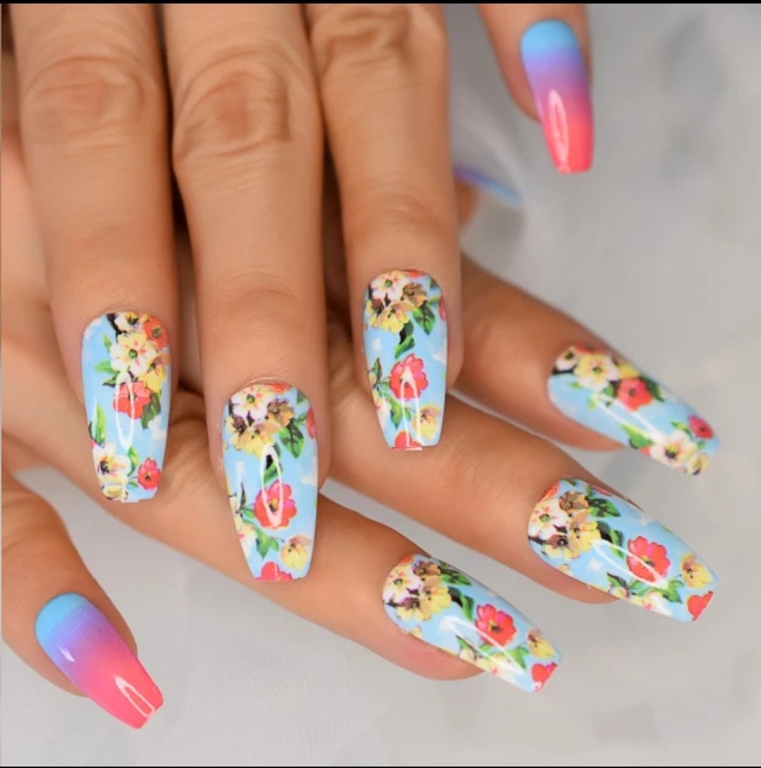 24 Tea Party Floral Long Press On Nails Coffin glue on cute kawaii flowers bright blue tea party purple pink