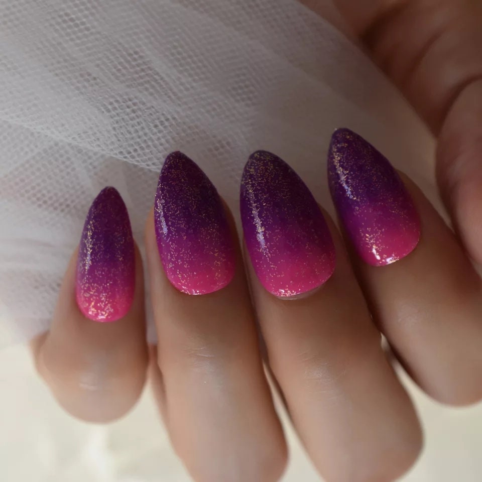 24 Purple Pink Fuschia Ombre Almond Press on nails glue on kit kawaii cute Multicolor hot pink medium almond pointed stiletto bright neon
