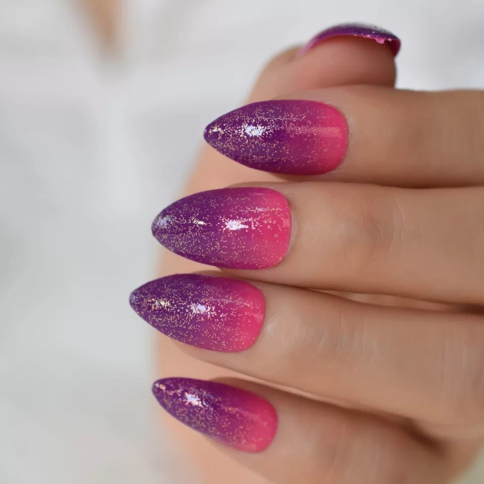 24 Purple Pink Fuschia Ombre Almond Press on nails glue on kit kawaii cute Multicolor hot pink medium almond pointed stiletto bright neon