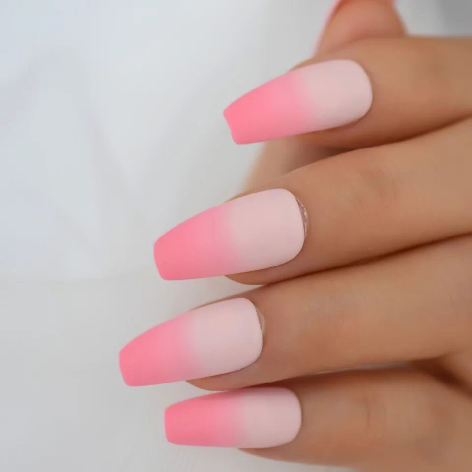 24 Matte Peach Pink Ombre Coffin Long Press On nails Glue on Kawaii cute spring