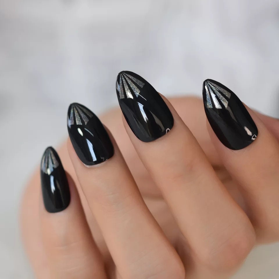 Almond Press on Nails – 24 PCS Pointed Black and Silver Metallic Stiletto Nails with Glossy Finish surethings