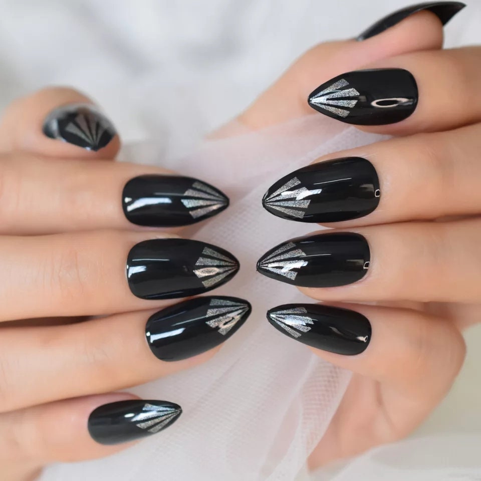 Almond Press on Nails – 24 PCS Pointed Black and Silver Metallic Stiletto Nails with Glossy Finish surethings