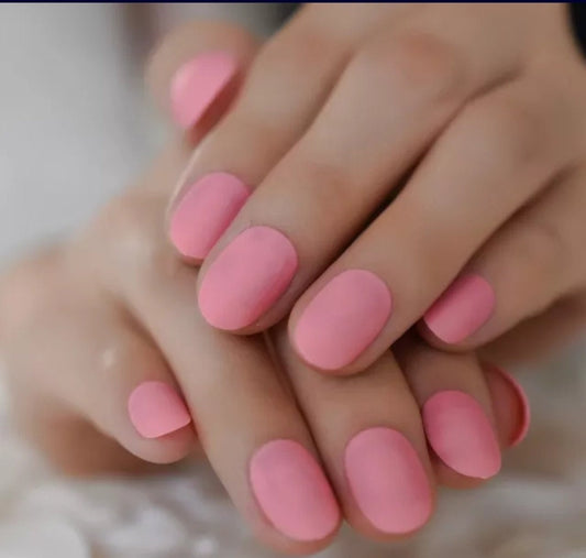 24 Pink Short Press on nails glue on manicure oval rounded edge round eraser