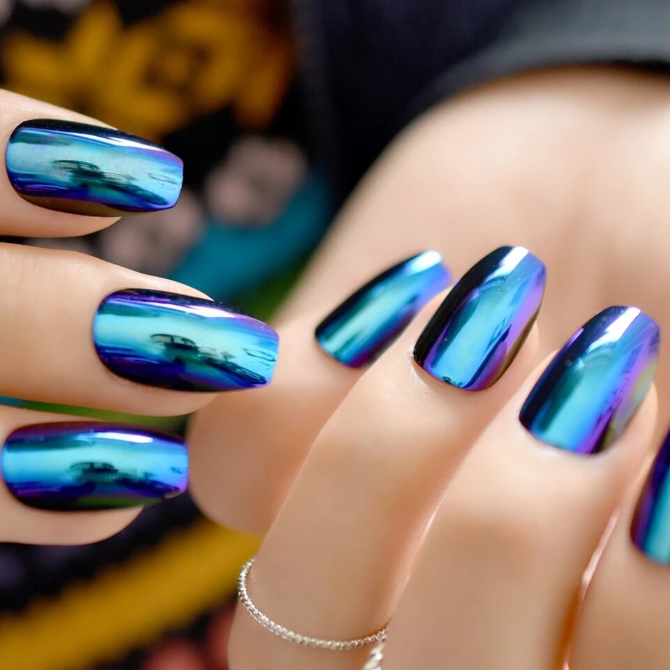 24pcs Blue Chameleon Chrome Long Press-On Nails with Mirror Metallic Shine in Medium Coffin Style surethings