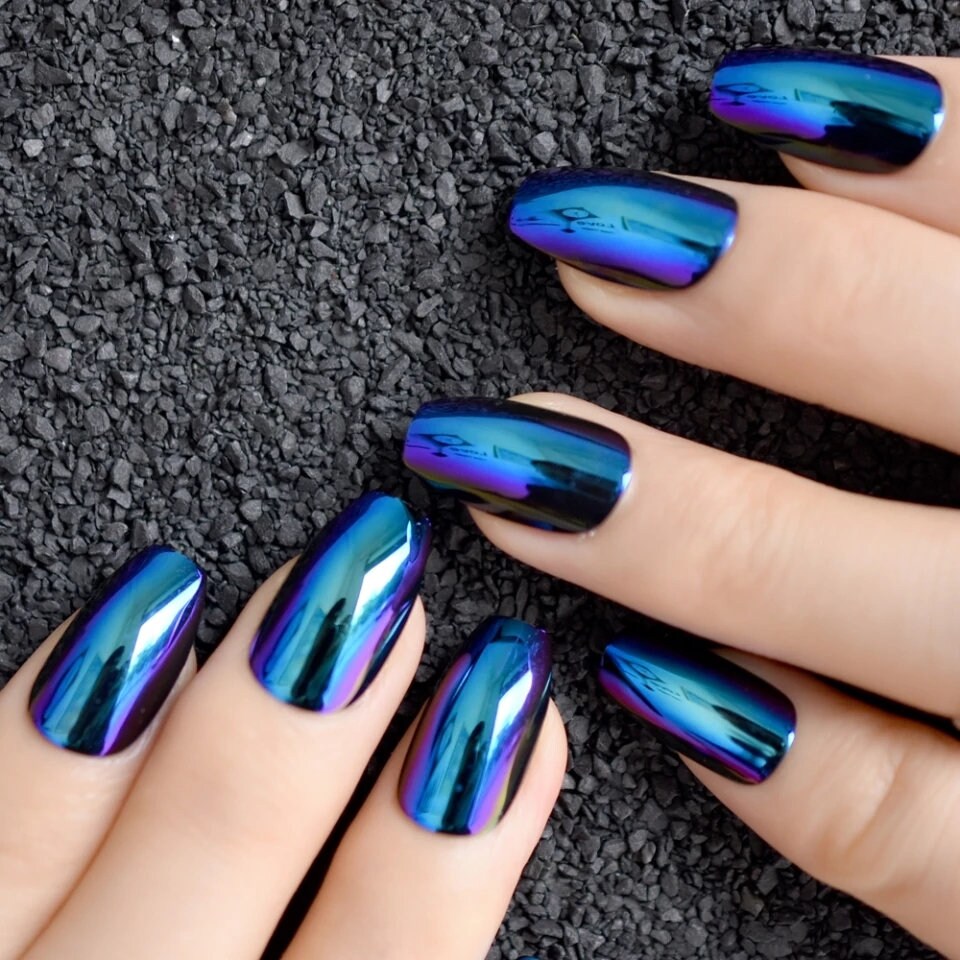 24pcs Blue Chameleon Chrome Long Press-On Nails with Mirror Metallic Shine in Medium Coffin Style surethings
