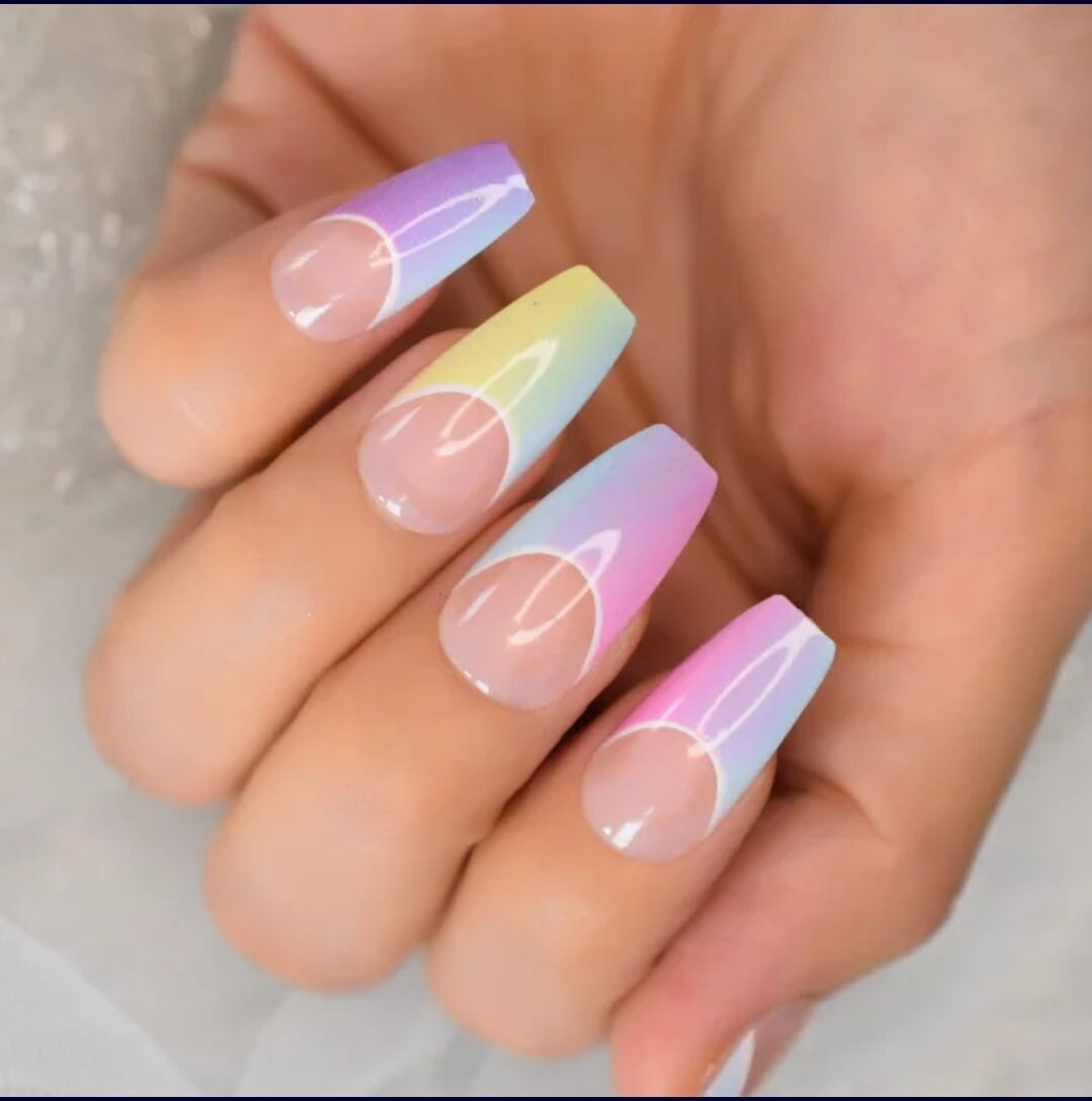 24 Rainbow Ombre French tip Long Press on nails glue on kit kawaii cute Multicolor hot pink blue orange yellow coffin bright neon candy