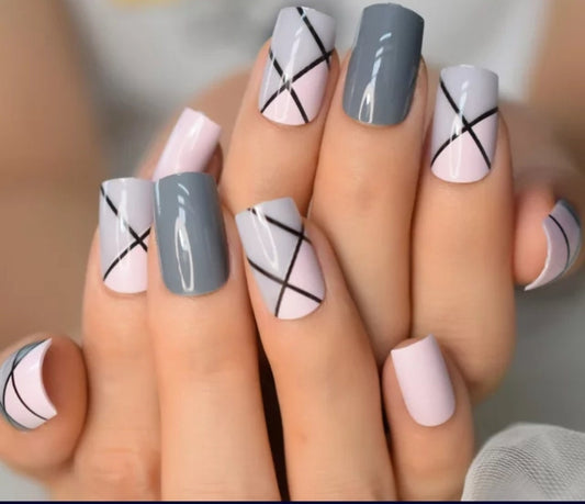 24 Gray Pink design square Long Press on Nails kit plaid glue on medium surethngs