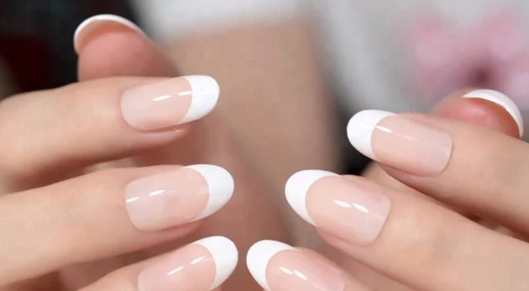 24PCS Oval French Manicure Long Press On Nails – White Tip Baby Boomer Nude Rounded Set surethings