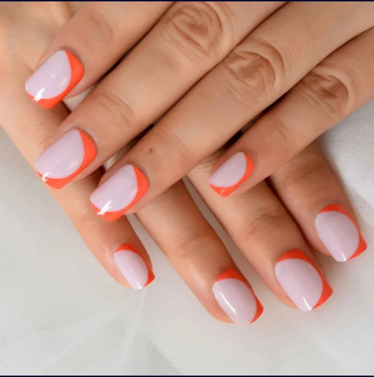 Short Press on Nails – 24 PCS Nude with Orange Rim and Pink Swirl Design Glue-On Manicure surethings