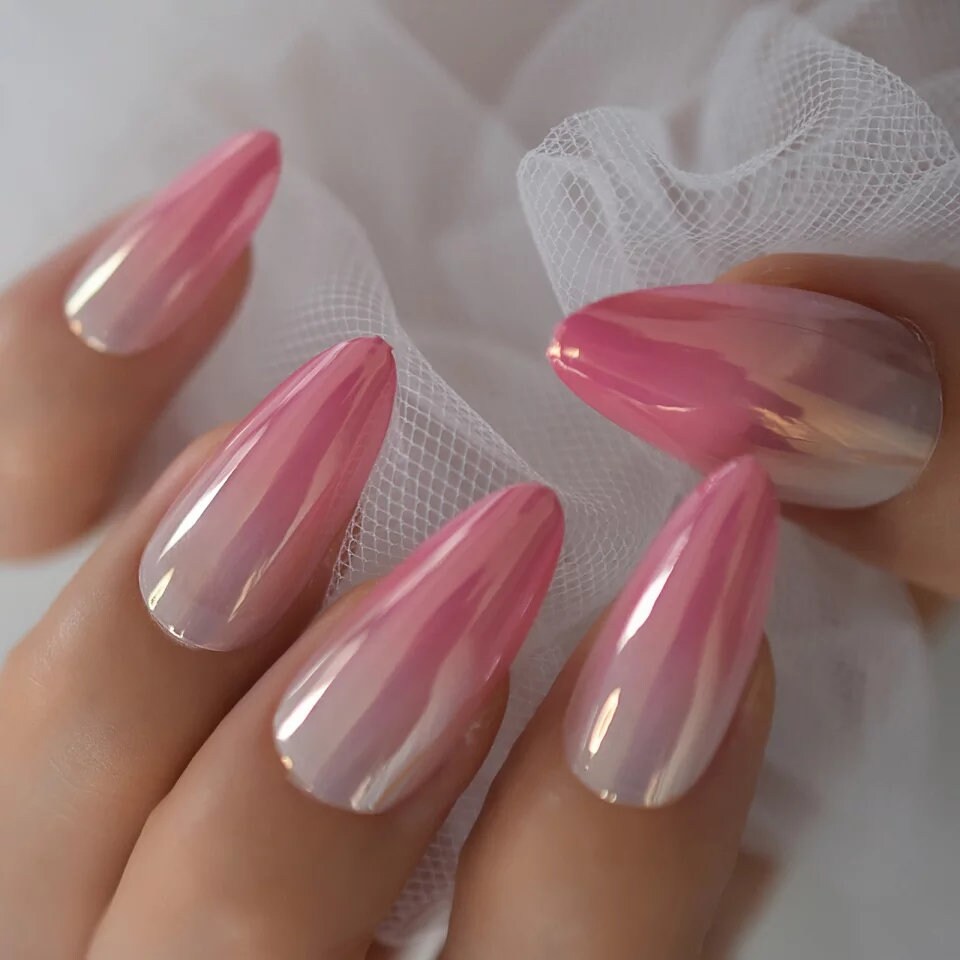 24 High Shine Ombre Pink Nude Chrome Mirror shiny Long Press On Nails