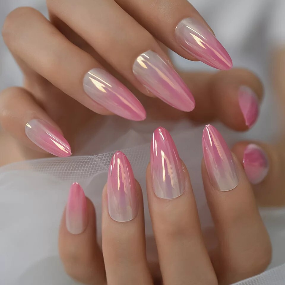 24 High Shine Ombre Pink Nude Chrome Mirror shiny Long Press On Nails