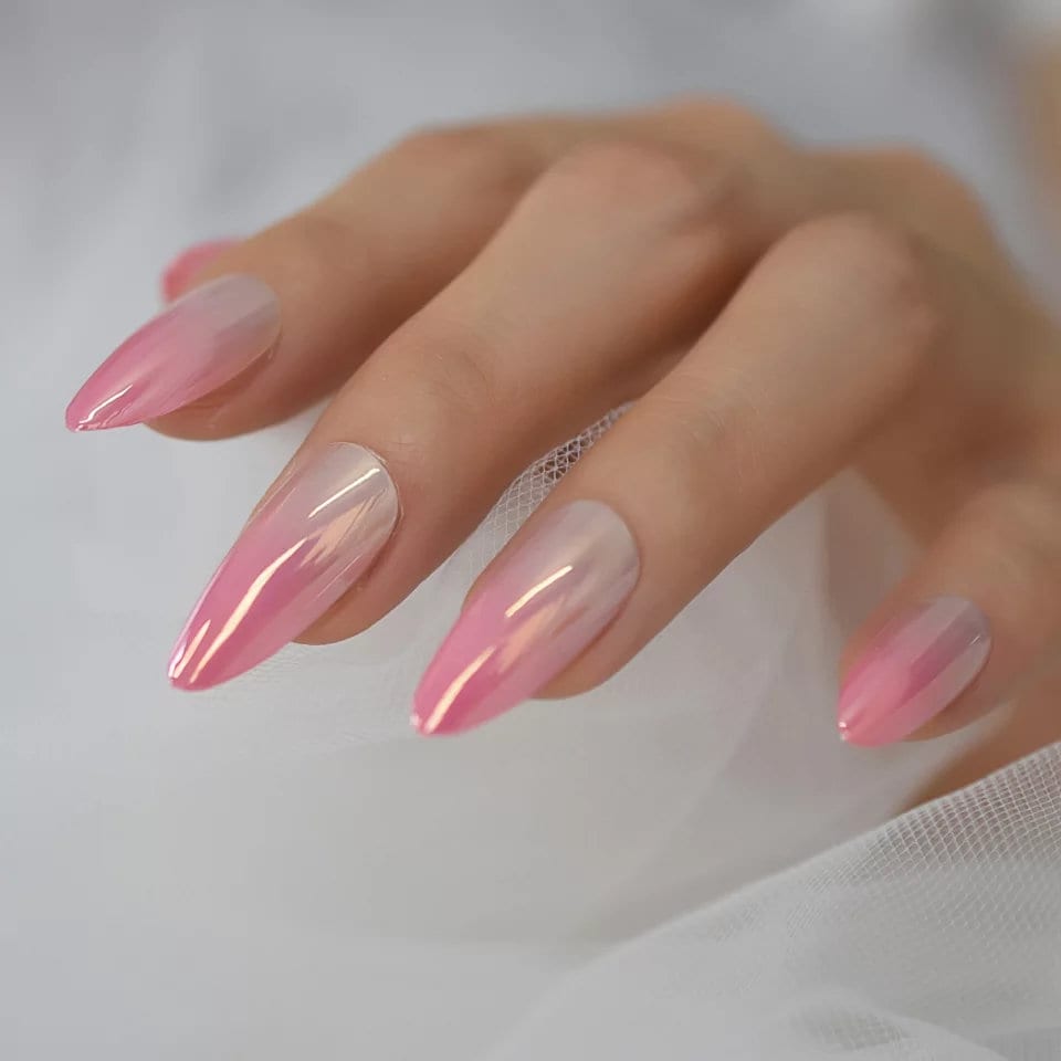 24 High Shine Ombre Pink Nude Chrome Mirror shiny Long Press On Nails