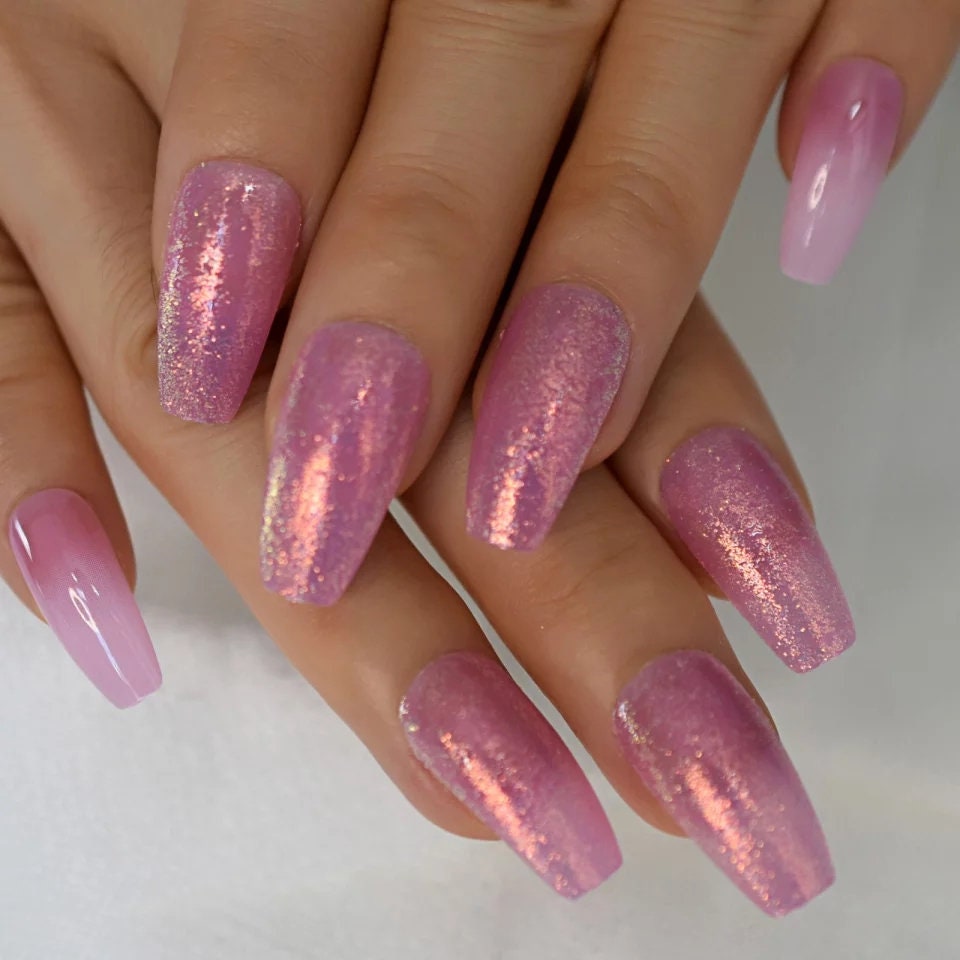 24 long coffin press-on nails in pink holographic jelly with glitter and shiny metallic finish – glue-on nail set surethings