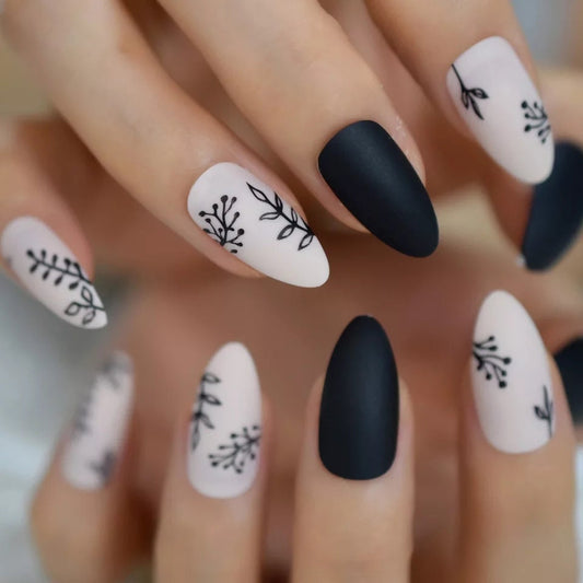 24 pcs Black Fern Long Press On Nails leaf nude glue on matte vine design foliage French floral medium almond stiletto