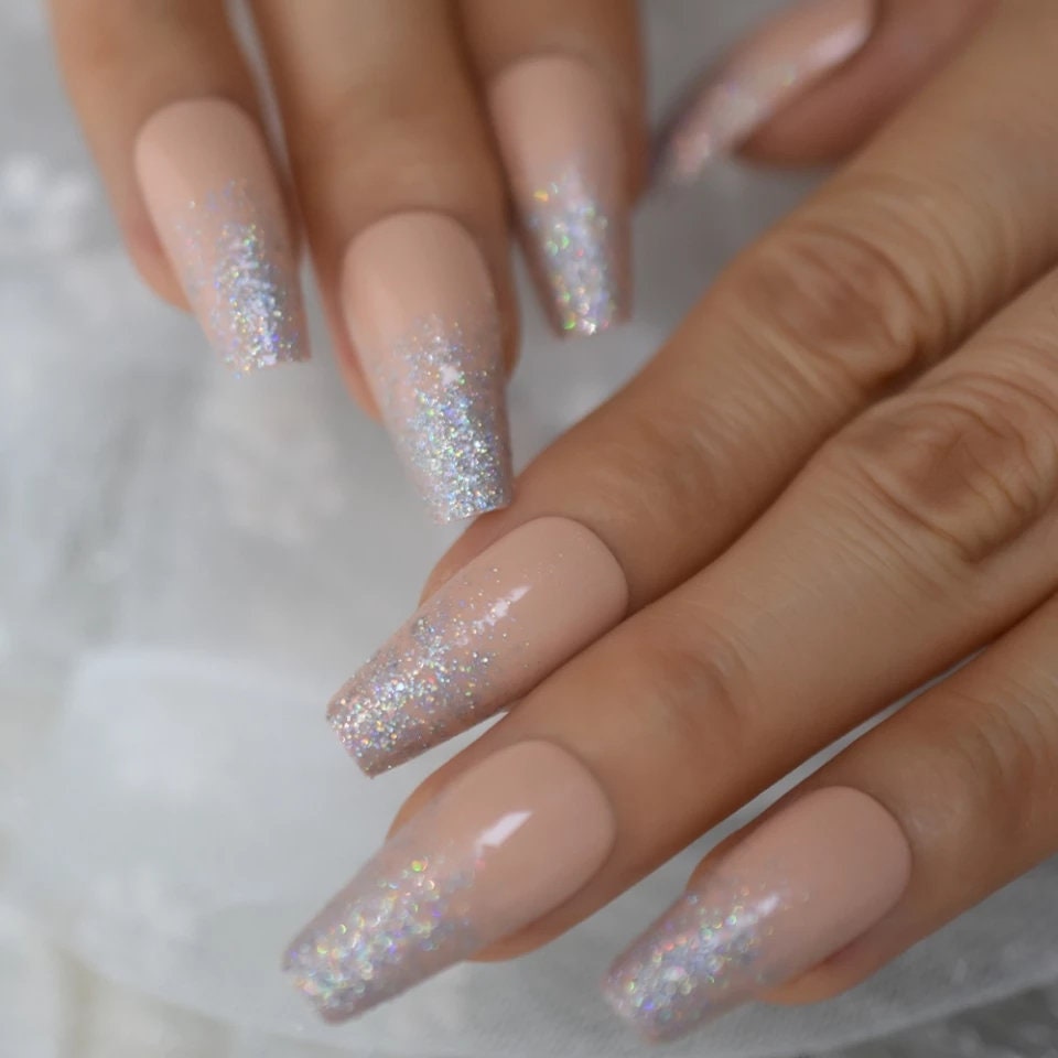 24 long peach crème ombre French glitter press on nails in nude coffin shape with silver holographic tips surethings