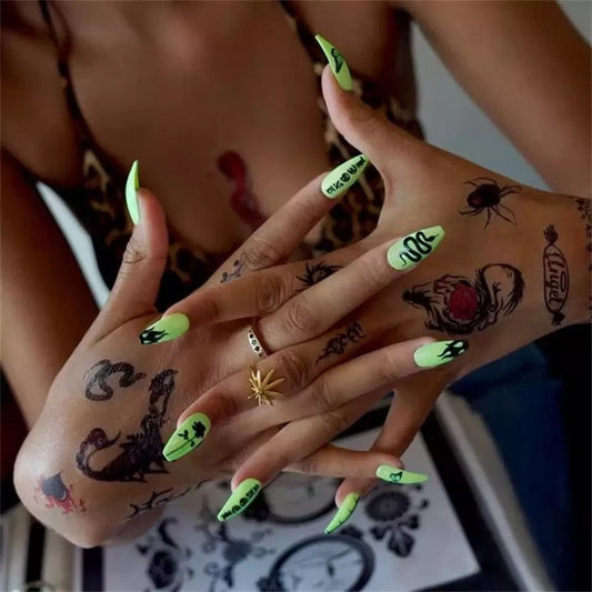 24 lime snake long coffin press on nails – gothic punk tattoo design with flames and roses surethings