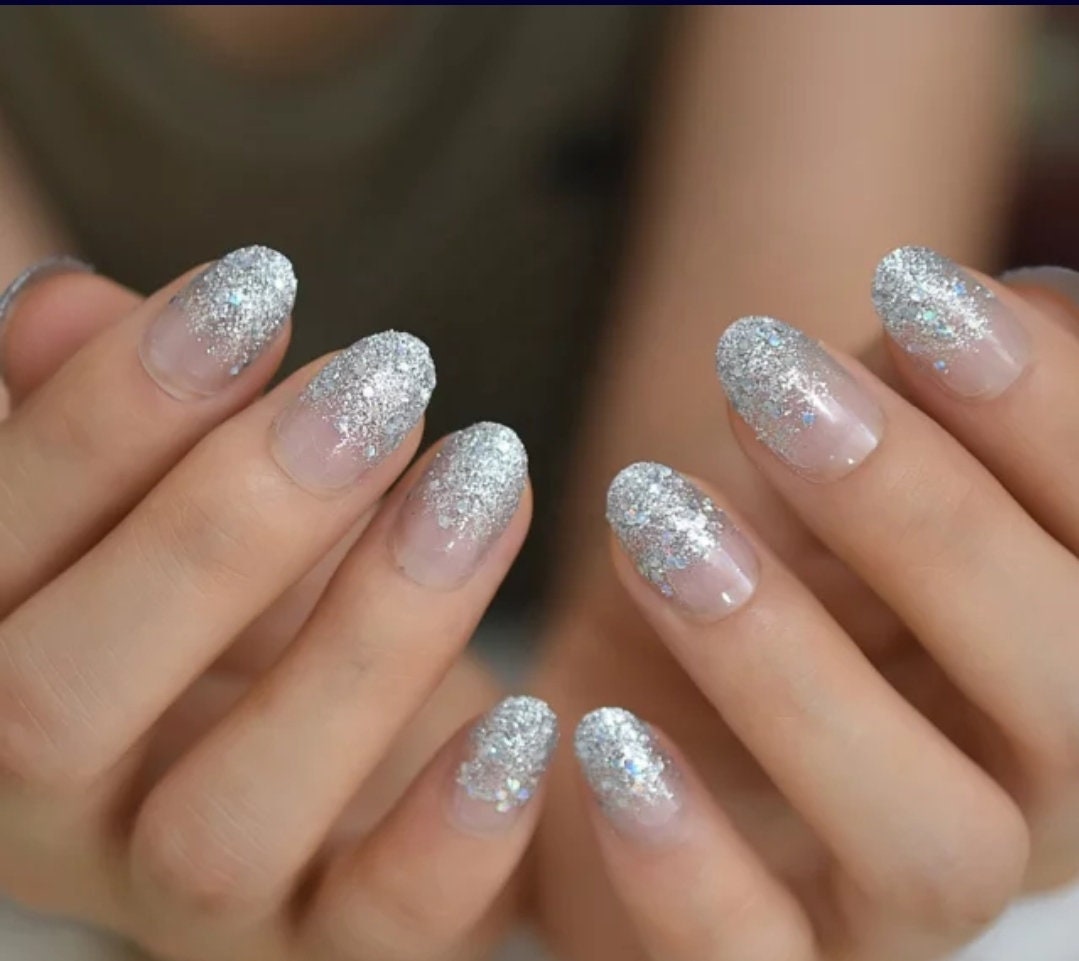 24 ombre glitter Short Press on nails Holographic glitter oval almond iridescent Unicorn glue on pink shimmer rounded oval surethings