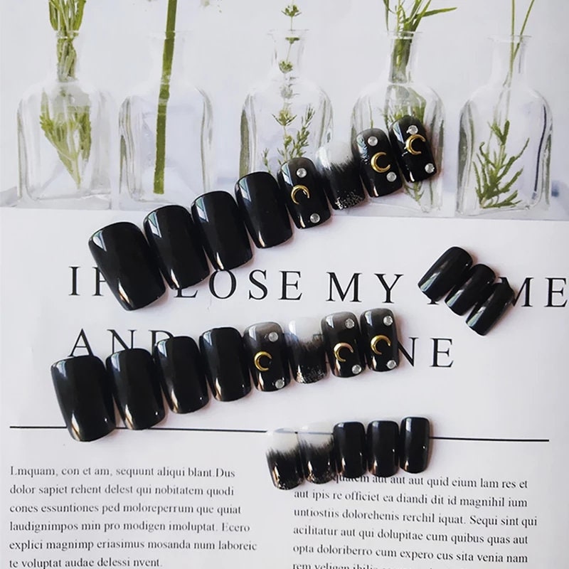 24 Goth Black Press on nails kit Square crescent moon Glue on Medium witchy emo alt edgy